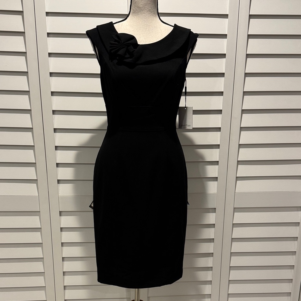 Calvin Klein Black Midi lined Dress with Bow Detail